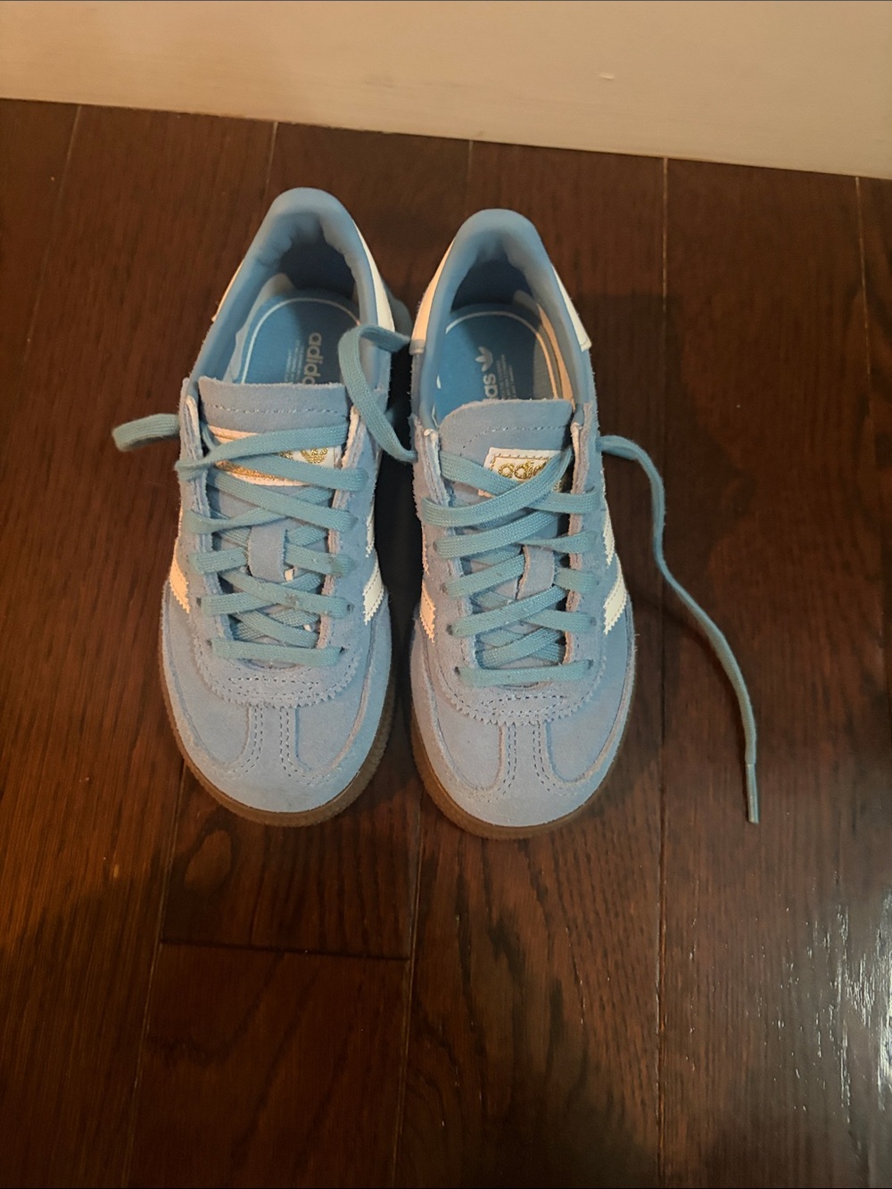 adidas Kids Light Blue Suede Sneakers with White Stripes